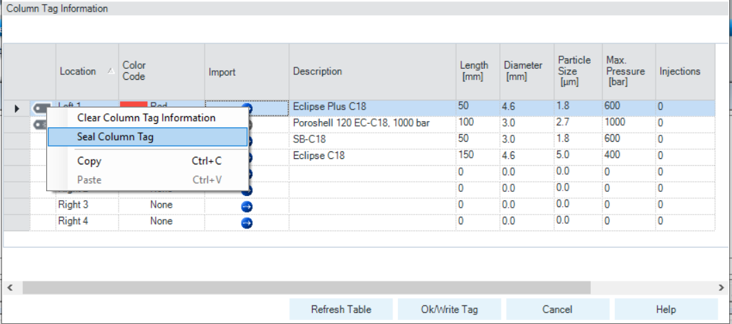 The Column Tag Information table context menu