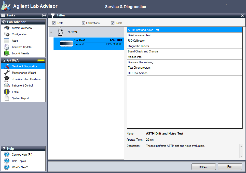 The Lab Advisor shows the available tests