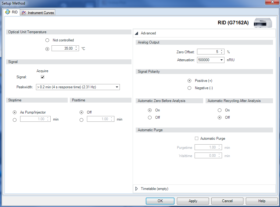 Method parameter settings