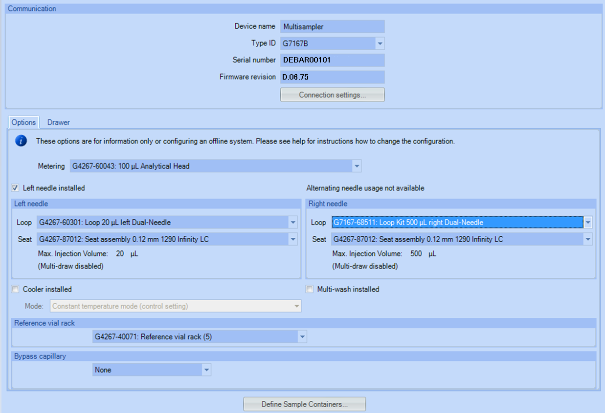 Configuration view for dual needle with non-identical flow paths (e.g a 20 µL and a 500 µL Sample Loop)