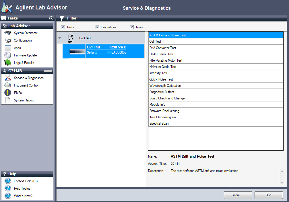 The Lab Advisor shows the available test