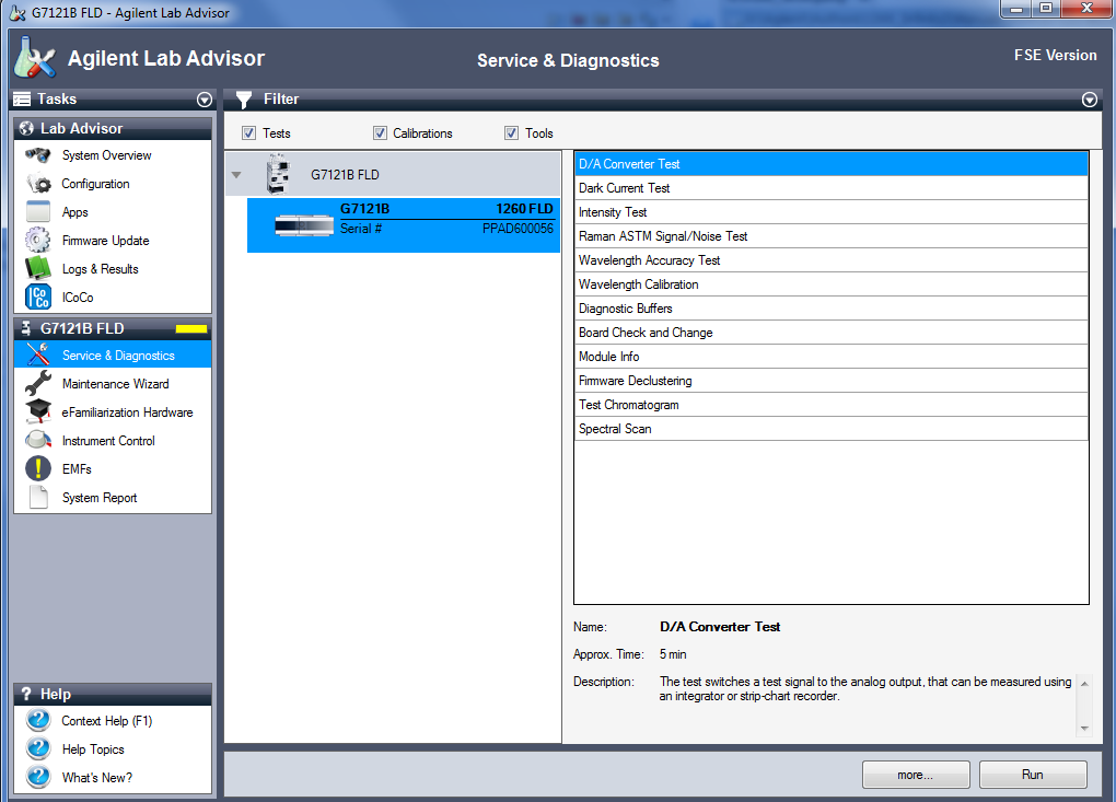 The Lab Advisor shows the available tests