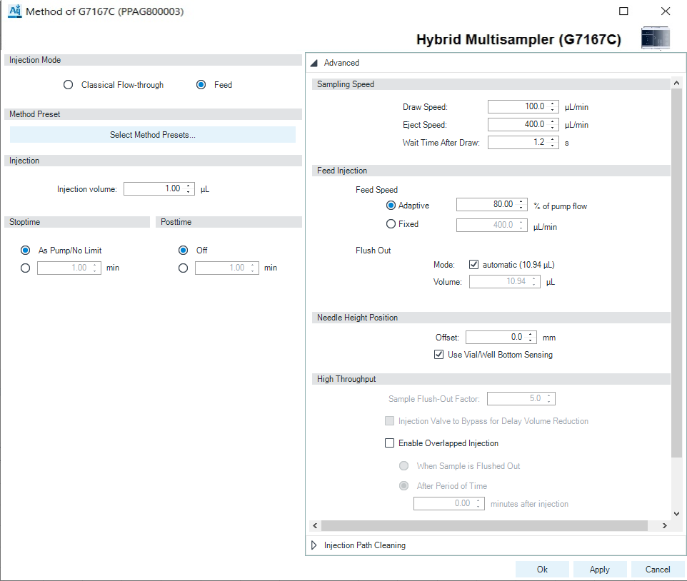 Method parameters (example shows Feed Injection parameters)